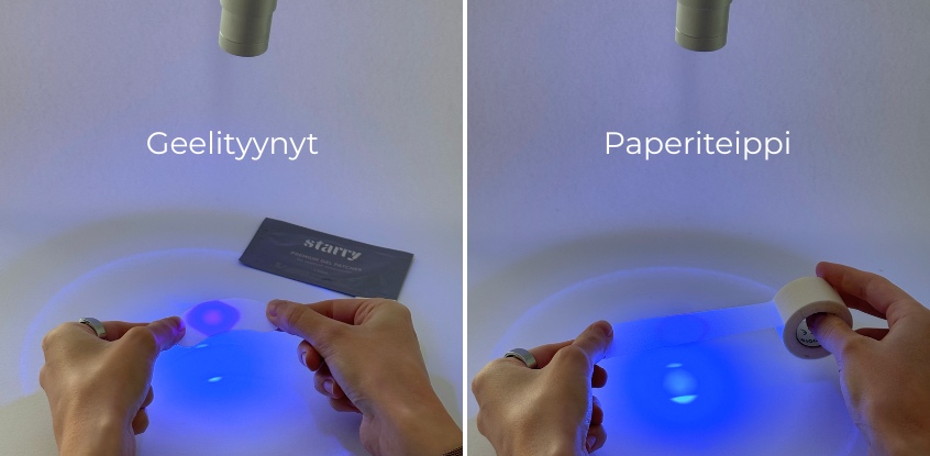 Geelityynyt ja paperiteippi UV-lampun alla Geelityynyt ja paperiteippi UV-lampun alla
